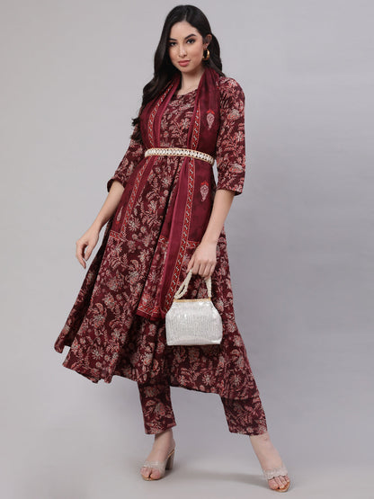 Women Burgundy Floral Printed Flared Kurta With Trouser And Dupatta | LASVINI - Redefining Indian Fashion with Elegance
