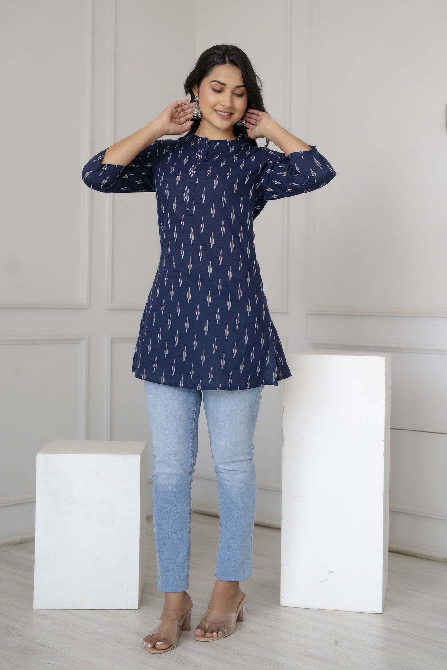 Women Blue Straight Tunic With Three Quarter Sleeves | LASVINI - Redefining Indian Fashion with Elegance