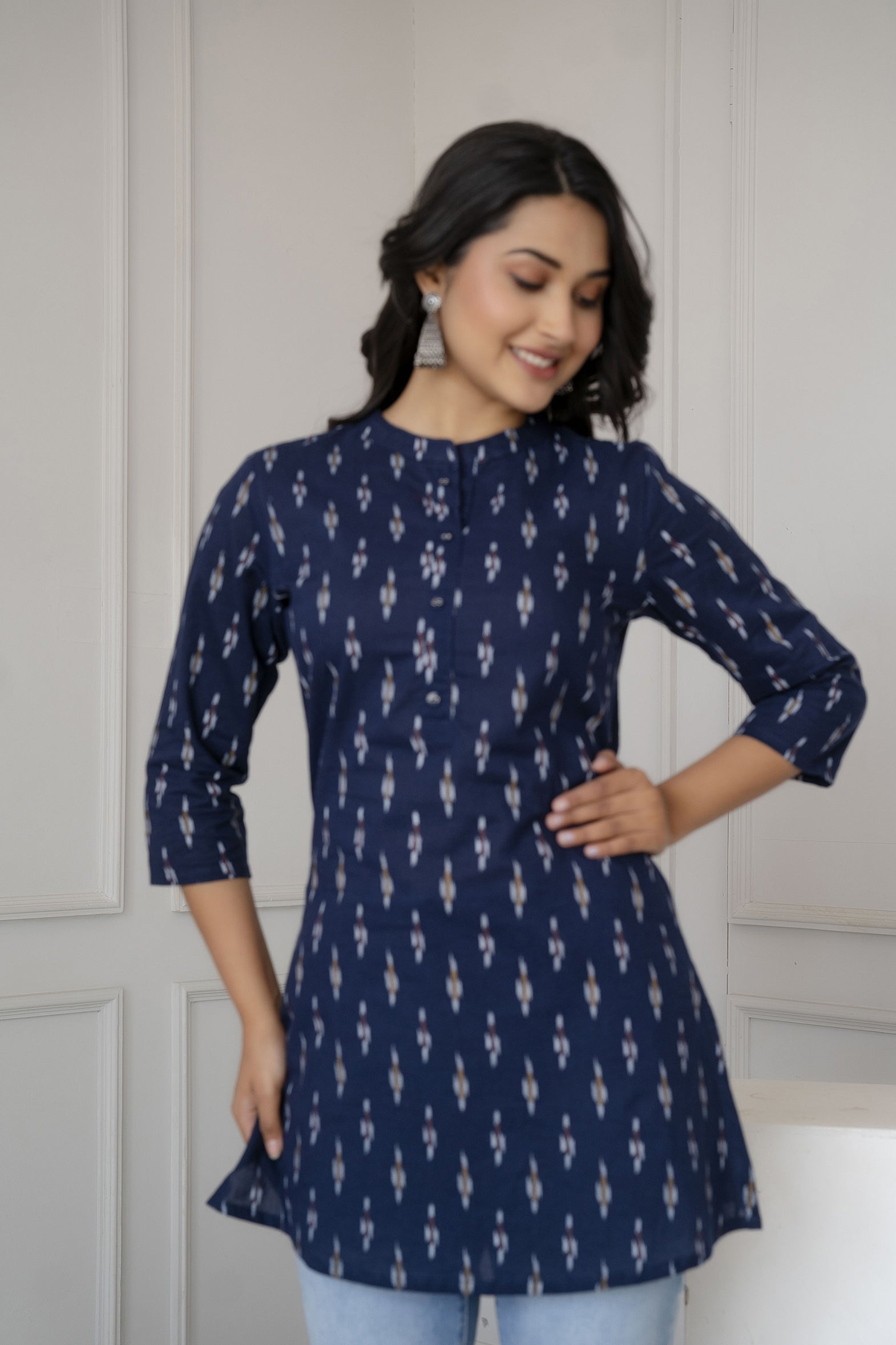 Women Blue Straight Tunic With Three Quarter Sleeves | LASVINI - Redefining Indian Fashion with Elegance