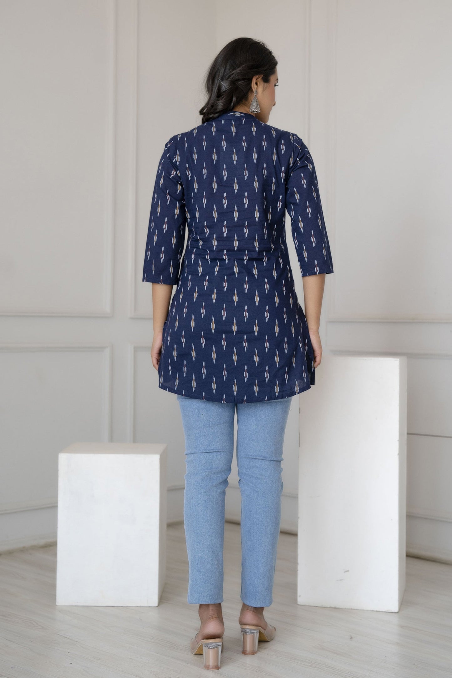 Women Blue Straight Tunic With Three Quarter Sleeves | LASVINI - Redefining Indian Fashion with Elegance