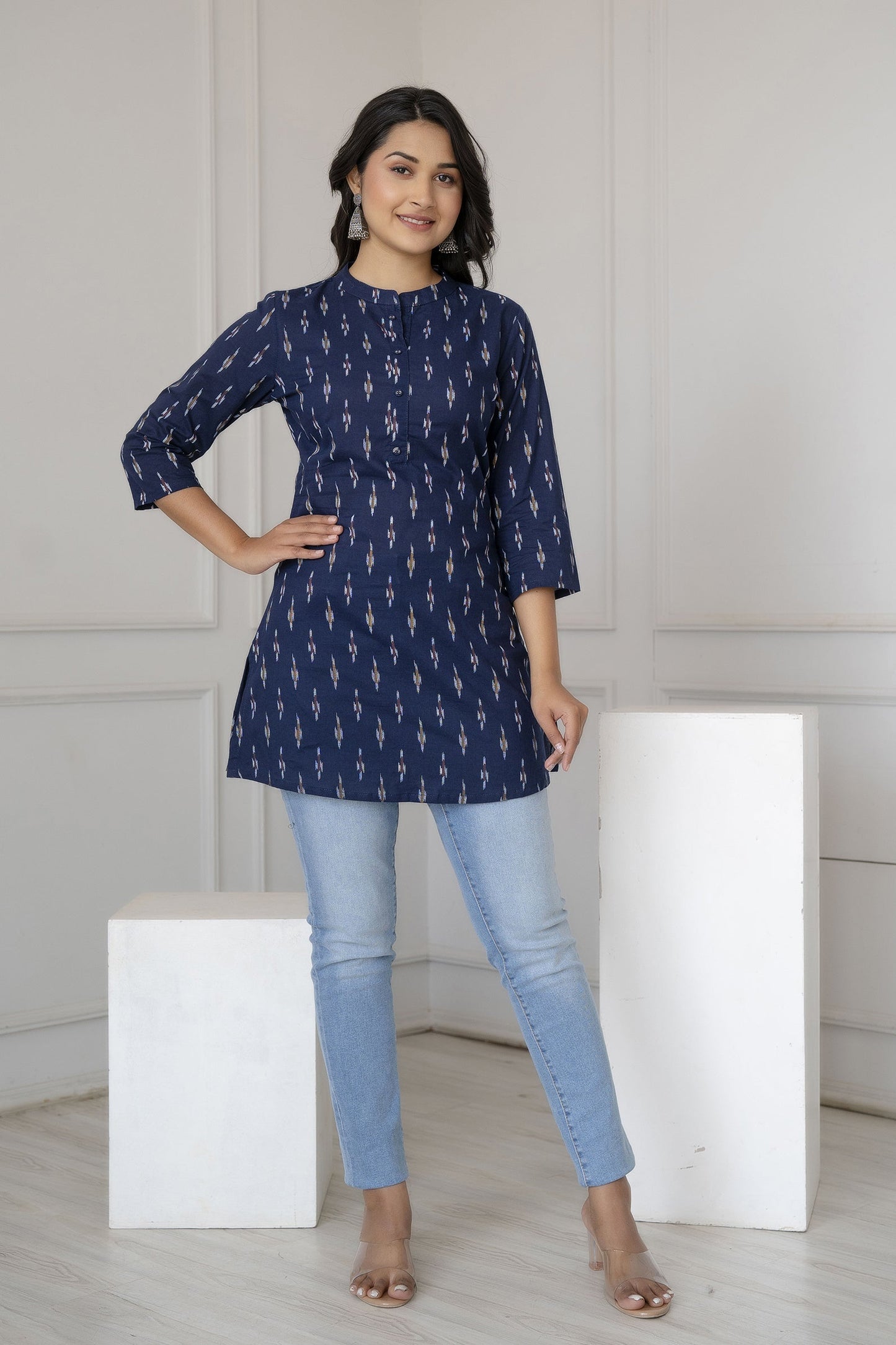 Women Blue Straight Tunic With Three Quarter Sleeves | LASVINI - Redefining Indian Fashion with Elegance