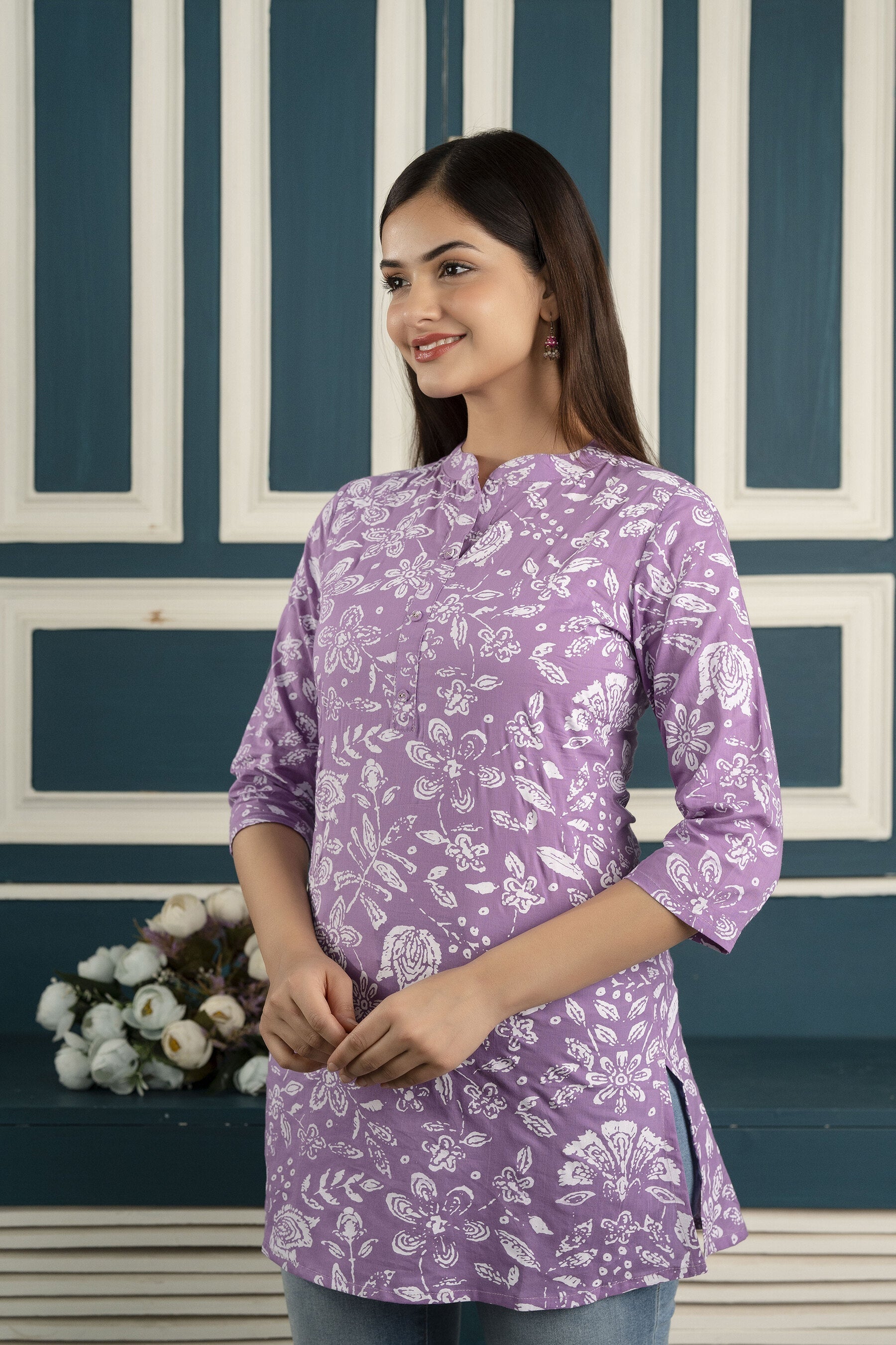 Women Purple Straight Tunic With Three Quarter Sleeves | LASVINI - Redefining Indian Fashion with Elegance