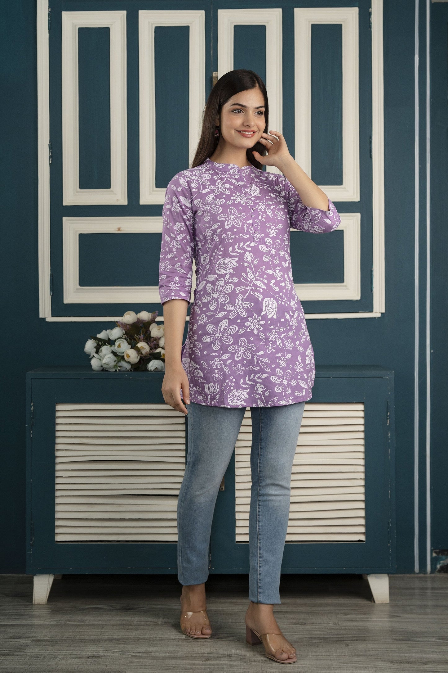Women Purple Straight Tunic With Three Quarter Sleeves | LASVINI - Redefining Indian Fashion with Elegance