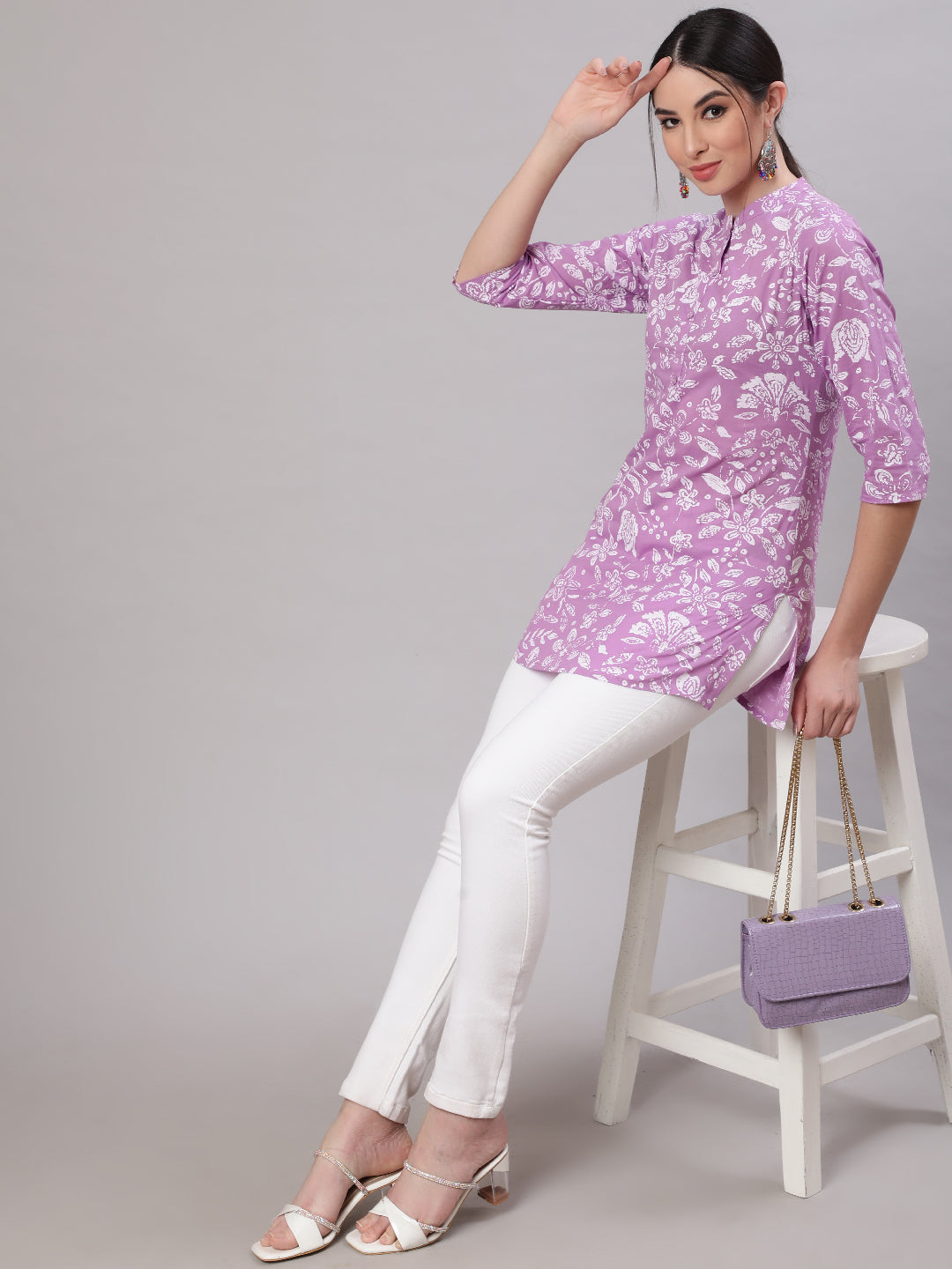 Women Purple Straight Tunic With Three Quarter Sleeves | LASVINI - Redefining Indian Fashion with Elegance