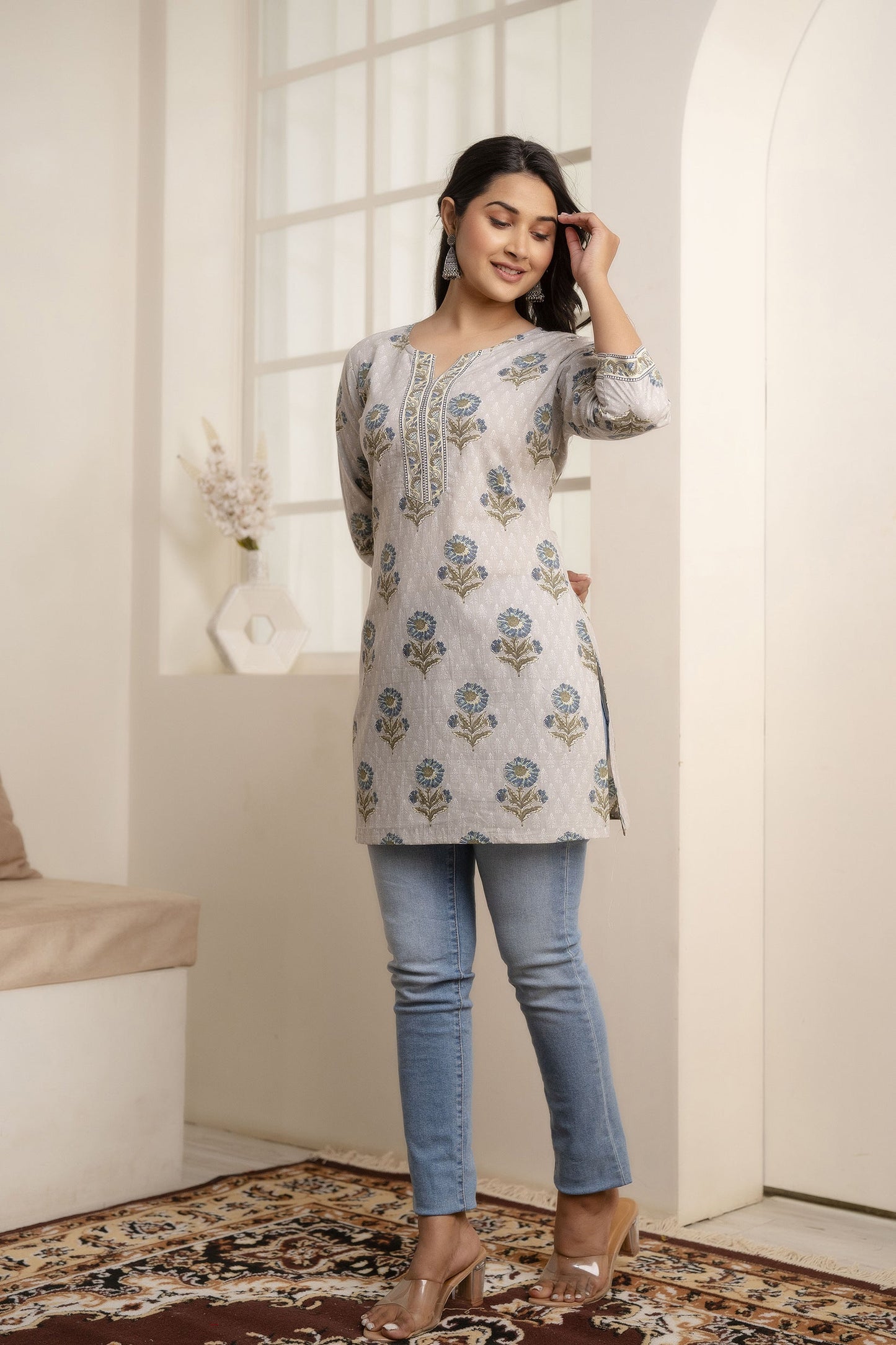 Women Grey Ethnic Printed Straight Tunic | LASVINI - Redefining Indian Fashion with Elegance