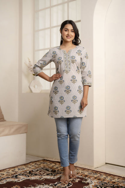Women Grey Ethnic Printed Straight Tunic | LASVINI - Redefining Indian Fashion with Elegance
