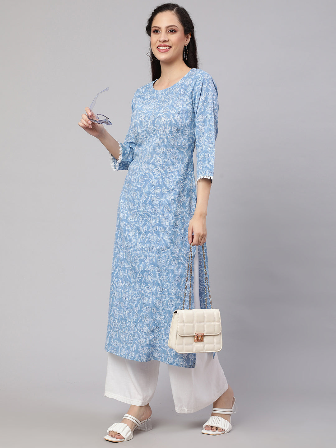 Women Blue Ethnic Printed Straight Kurta With Three Quarter Sleeves | LASVINI - Redefining Indian Fashion with Elegance