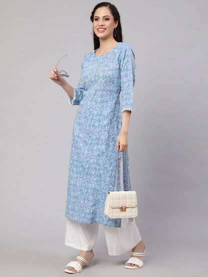 Women Blue Ethnic Printed Straight Kurta With Three Quarter Sleeves | LASVINI - Redefining Indian Fashion with Elegance