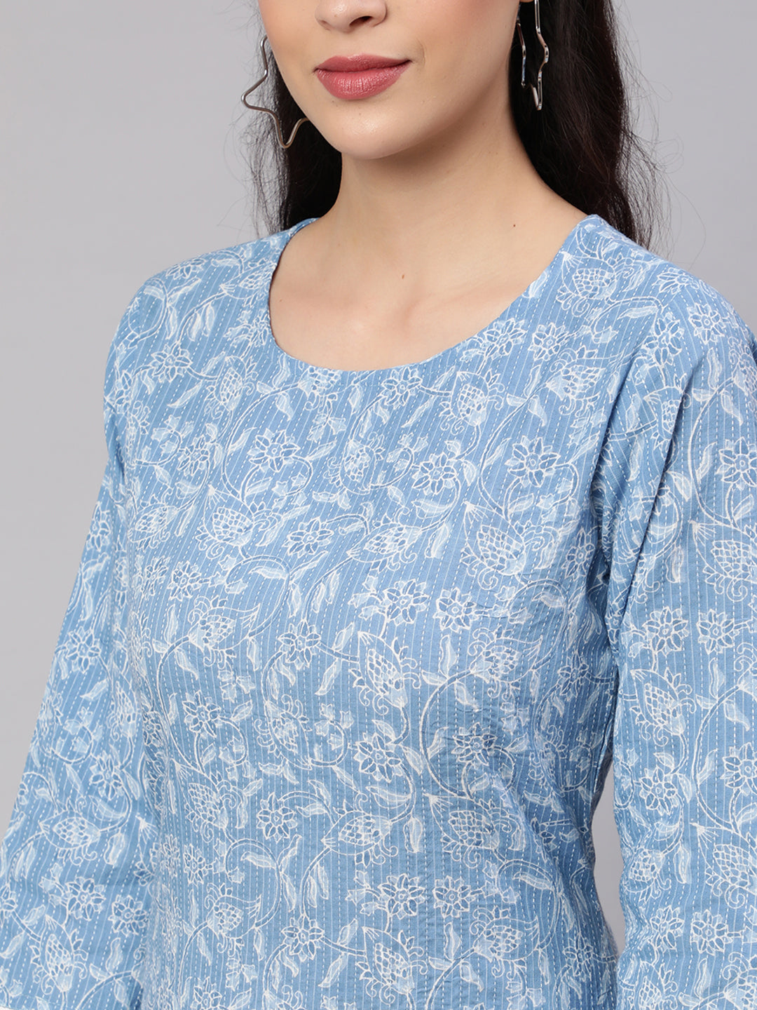 Women Blue Ethnic Printed Straight Kurta With Three Quarter Sleeves | LASVINI - Redefining Indian Fashion with Elegance