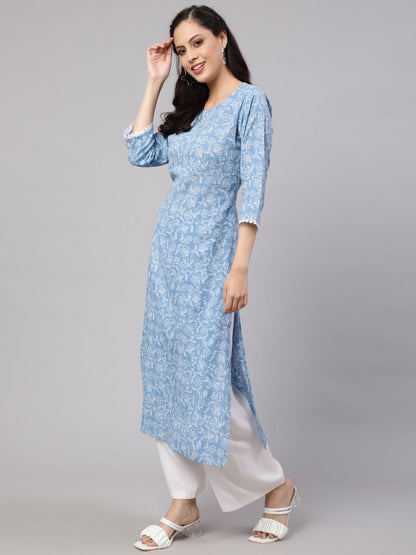 Women Blue Ethnic Printed Straight Kurta With Three Quarter Sleeves | LASVINI - Redefining Indian Fashion with Elegance