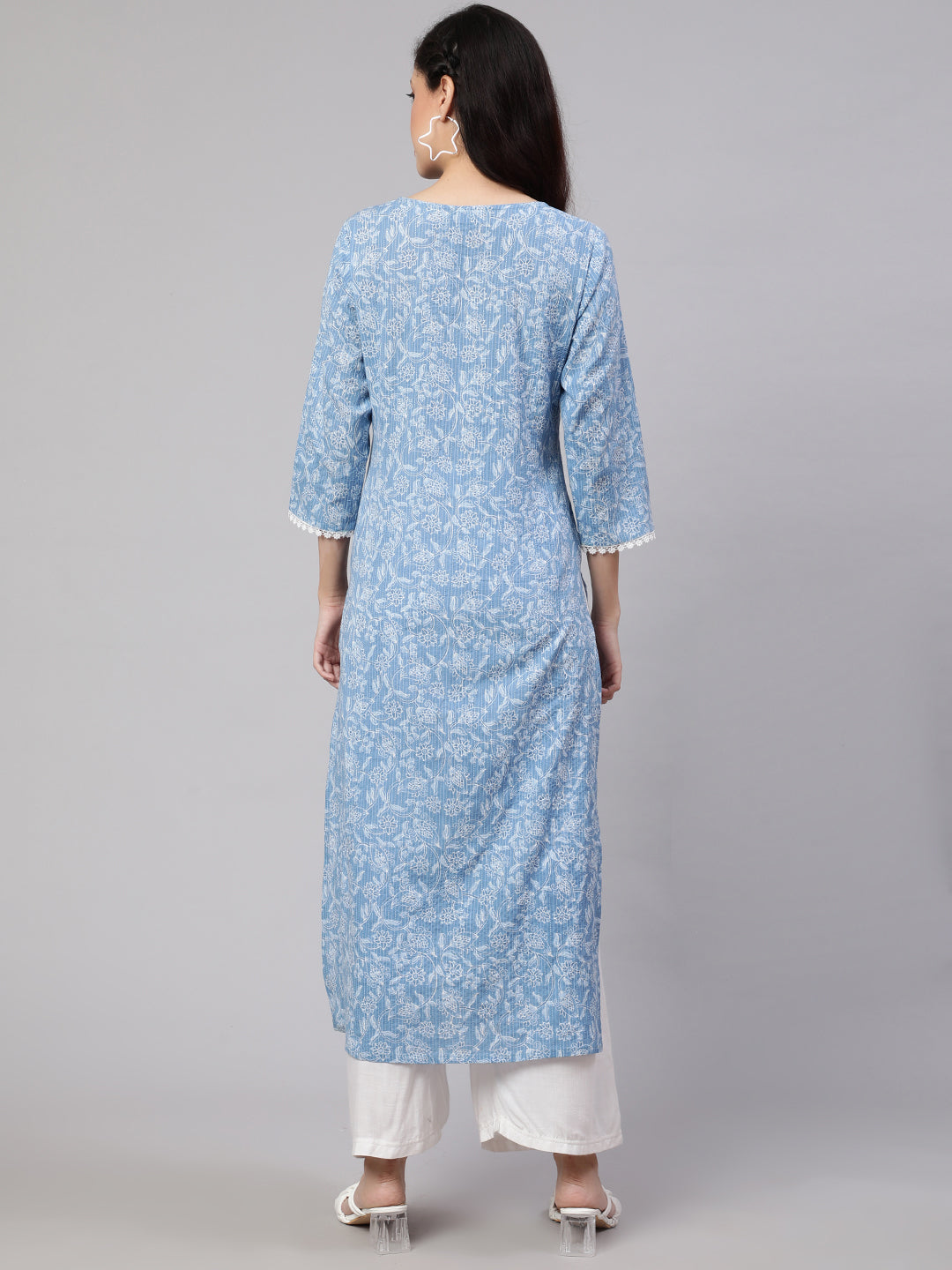 Women Blue Ethnic Printed Straight Kurta With Three Quarter Sleeves | LASVINI - Redefining Indian Fashion with Elegance