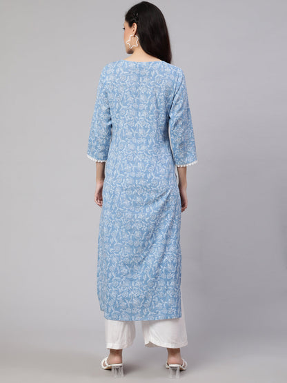 Women Blue Ethnic Printed Straight Kurta With Three Quarter Sleeves | LASVINI - Redefining Indian Fashion with Elegance