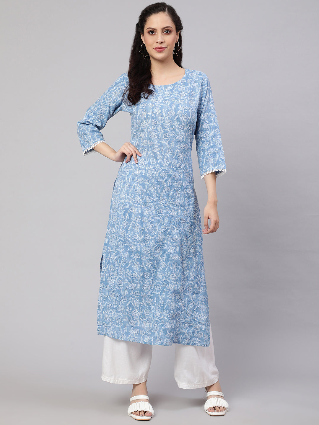 Women Blue Ethnic Printed Straight Kurta With Three Quarter Sleeves | LASVINI - Redefining Indian Fashion with Elegance