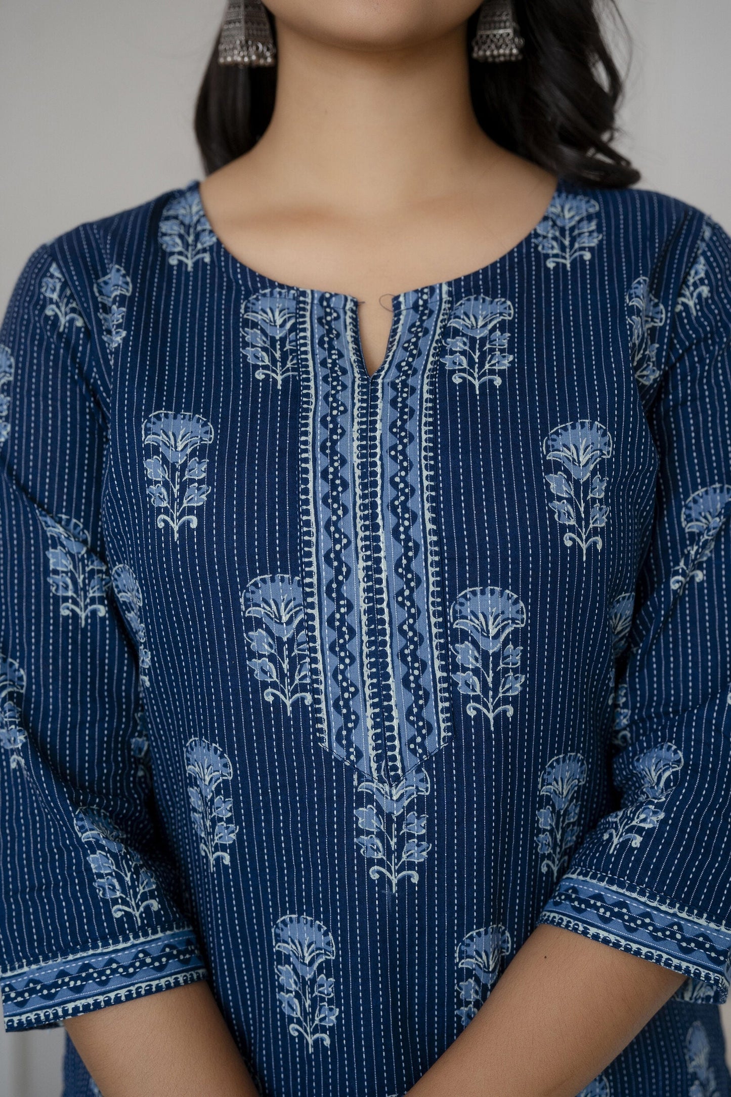 Women Blue Straight Tunic With Three Quarter Sleeves | LASVINI - Redefining Indian Fashion with Elegance