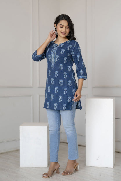 Women Blue Straight Tunic With Three Quarter Sleeves | LASVINI - Redefining Indian Fashion with Elegance