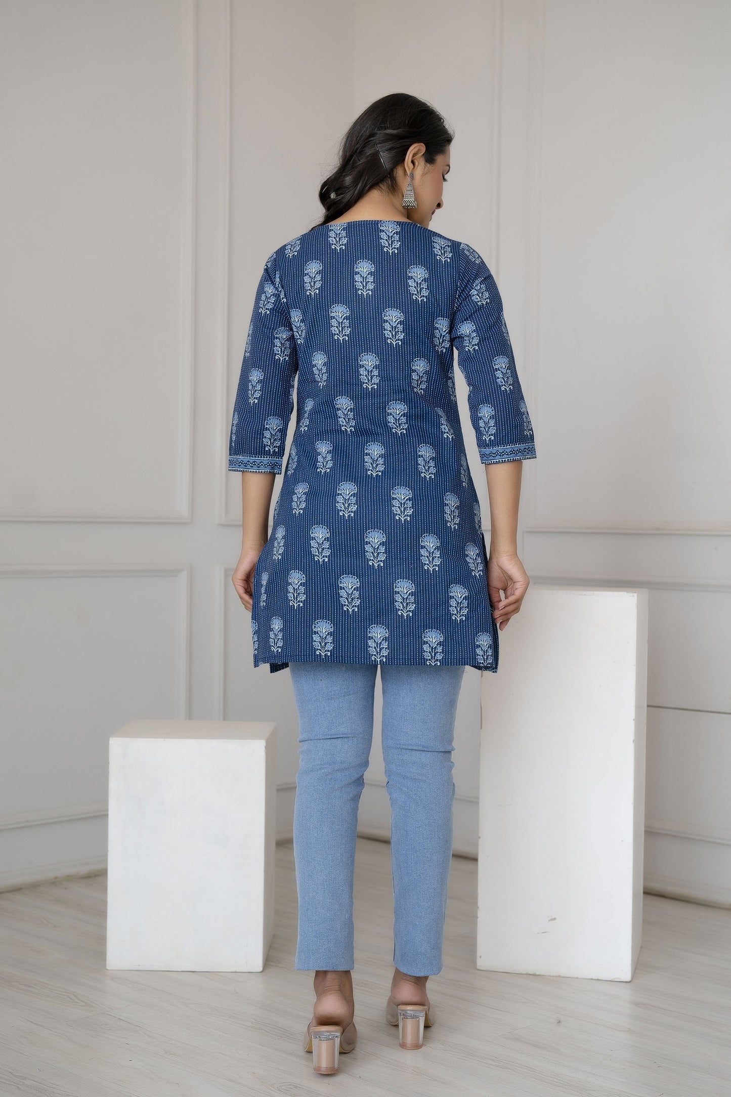 Women Blue Straight Tunic With Three Quarter Sleeves | LASVINI - Redefining Indian Fashion with Elegance