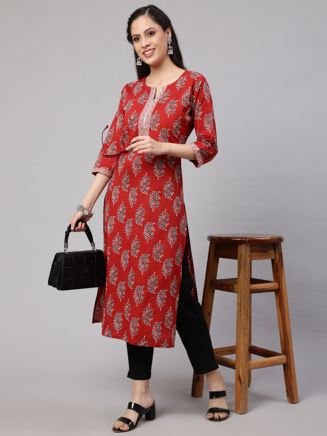 Women Maroon Printed Straight Kurta With Three Quarter Sleeves | LASVINI - Redefining Indian Fashion with Elegance