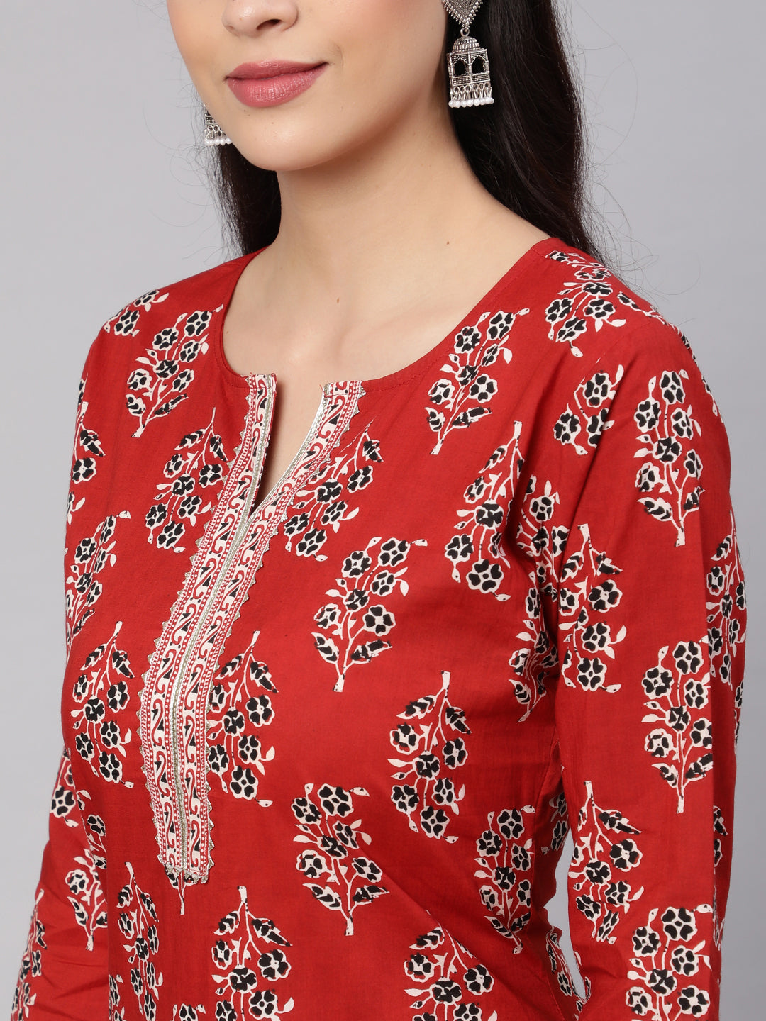 Women Maroon Printed Straight Kurta With Three Quarter Sleeves | LASVINI - Redefining Indian Fashion with Elegance