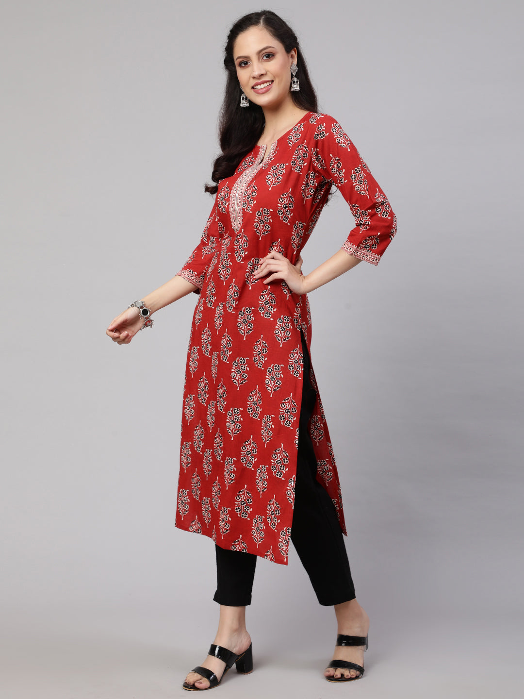 Women Maroon Printed Straight Kurta With Three Quarter Sleeves | LASVINI - Redefining Indian Fashion with Elegance