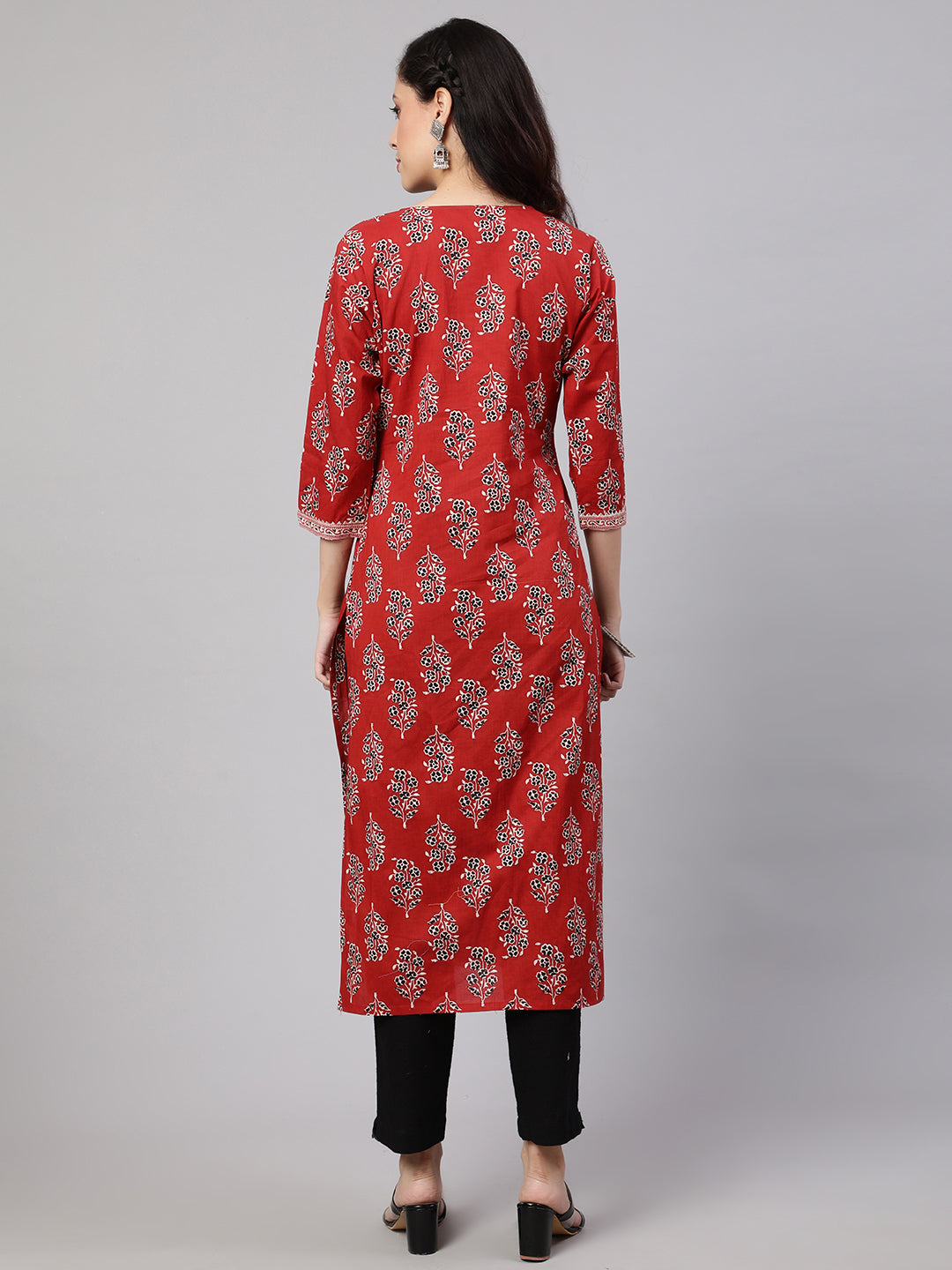 Women Maroon Printed Straight Kurta With Three Quarter Sleeves | LASVINI - Redefining Indian Fashion with Elegance