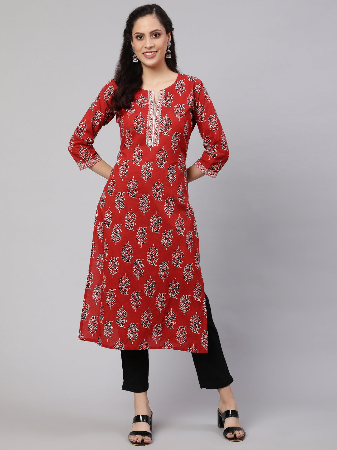 Women Maroon Printed Straight Kurta With Three Quarter Sleeves | LASVINI - Redefining Indian Fashion with Elegance