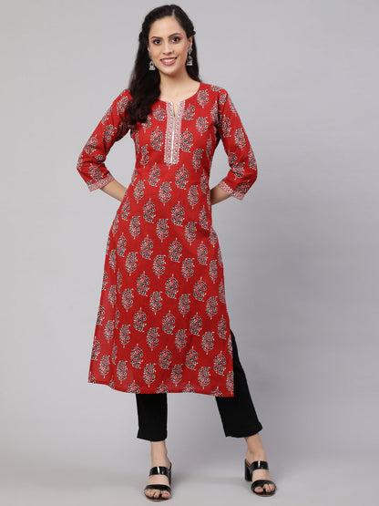 Women Maroon Printed Straight Kurta With Three Quarter Sleeves | LASVINI - Redefining Indian Fashion with Elegance