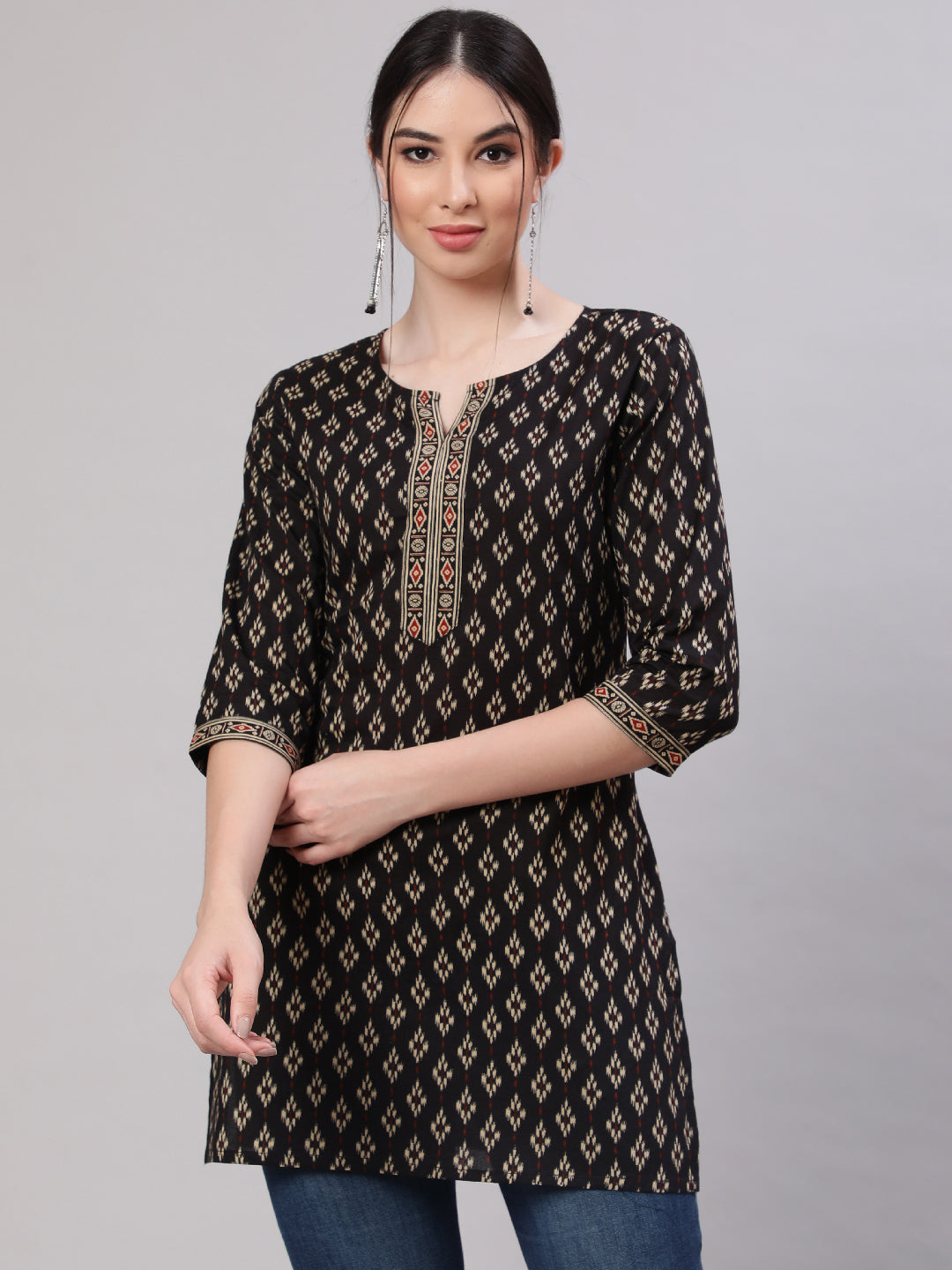 Women Black Straight Tunic With Three Quarter Sleeves | LASVINI - Redefining Indian Fashion with Elegance