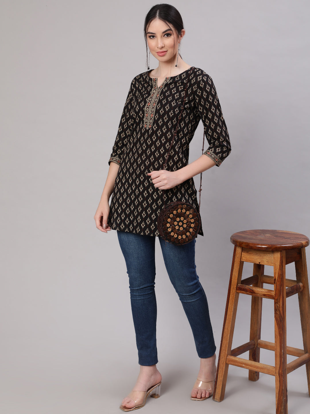 Women Black Straight Tunic With Three Quarter Sleeves | LASVINI - Redefining Indian Fashion with Elegance