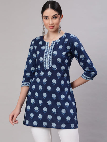 Women Blue Straight Tunic With Three Quarter Sleeves | LASVINI - Redefining Indian Fashion with Elegance