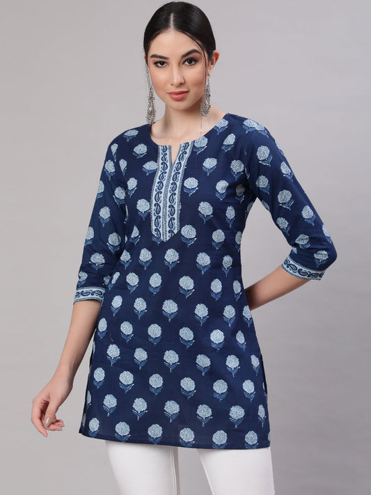 Women Blue Straight Tunic With Three Quarter Sleeves | LASVINI - Redefining Indian Fashion with Elegance