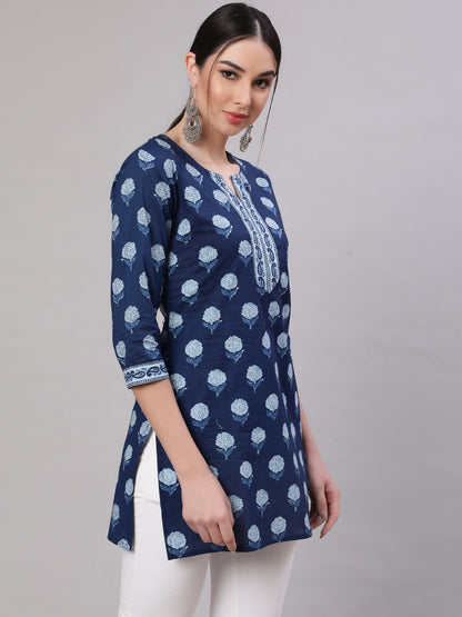 Women Blue Straight Tunic With Three Quarter Sleeves | LASVINI - Redefining Indian Fashion with Elegance