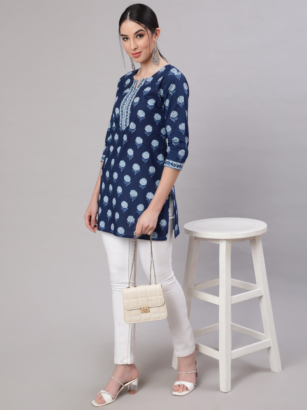 Women Blue Straight Tunic With Three Quarter Sleeves | LASVINI - Redefining Indian Fashion with Elegance