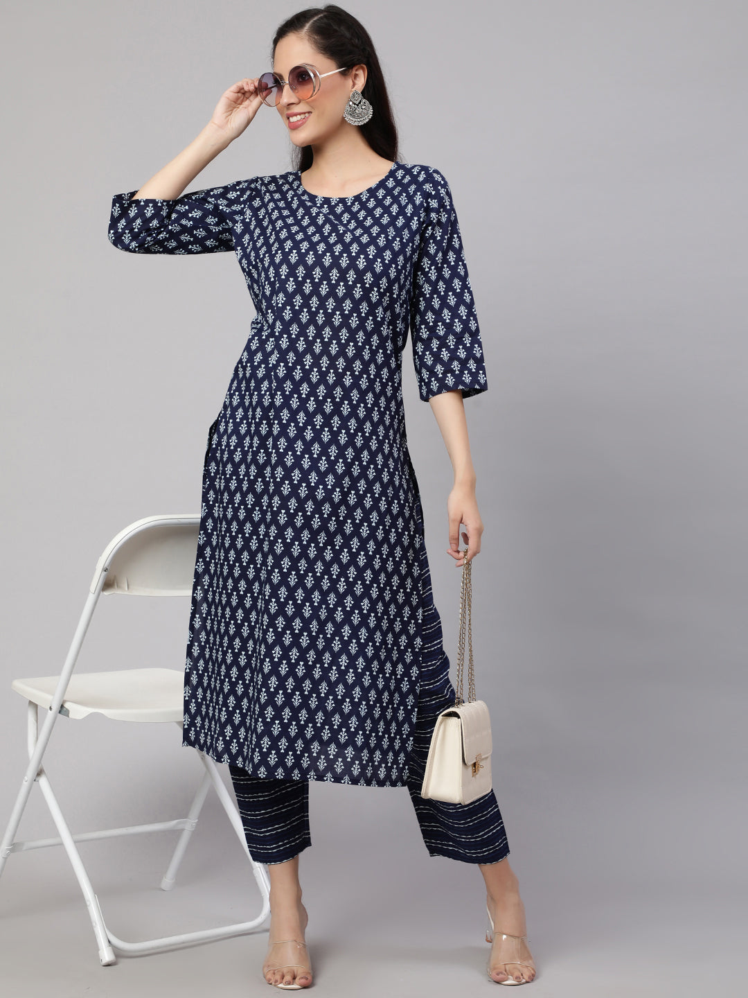 Women Navy Blue Printed Straight Kurta With Trouser | LASVINI - Redefining Indian Fashion with Elegance