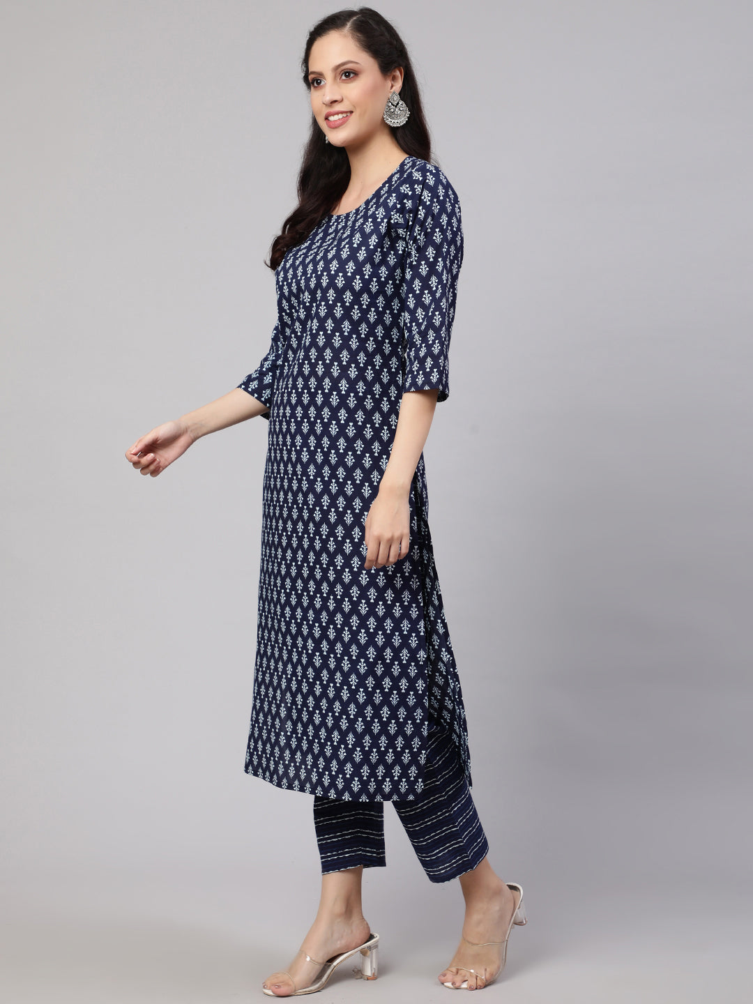 Women Navy Blue Printed Straight Kurta With Trouser | LASVINI - Redefining Indian Fashion with Elegance