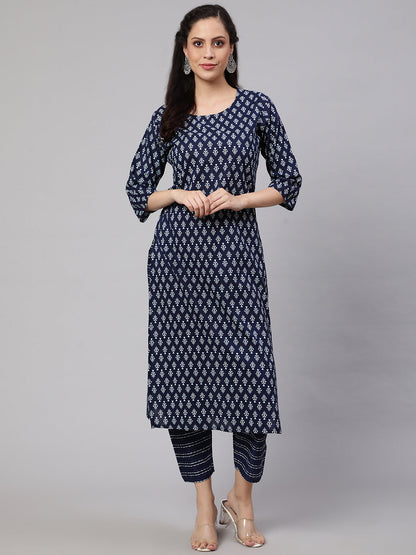 Women Navy Blue Printed Straight Kurta With Trouser | LASVINI - Redefining Indian Fashion with Elegance