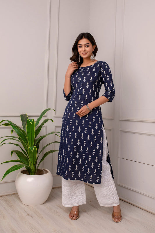 Women Navy Blue Printed Straight Kurta With Three Quarter Sleeves | LASVINI - Redefining Indian Fashion with Elegance