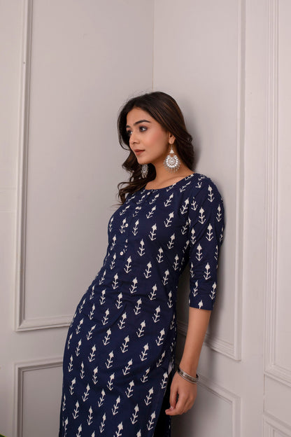 Women Navy Blue Printed Straight Kurta With Three Quarter Sleeves | LASVINI - Redefining Indian Fashion with Elegance
