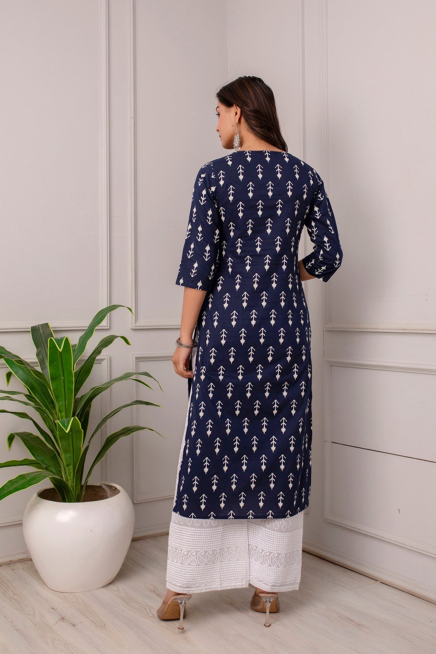 Women Navy Blue Printed Straight Kurta With Three Quarter Sleeves | LASVINI - Redefining Indian Fashion with Elegance