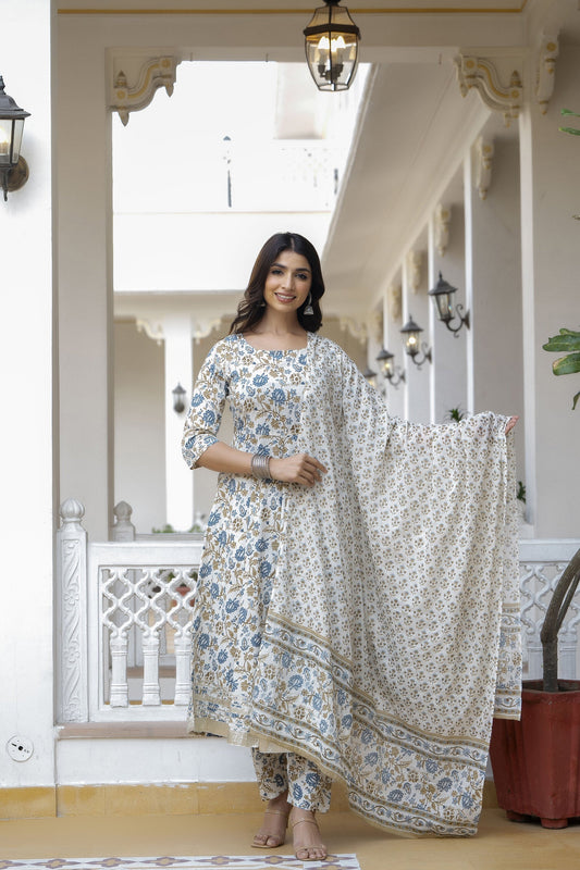 Women Off-White Floral Printed Flared Kurta With Trouser And Dupatta | LASVINI - Redefining Indian Fashion with Elegance