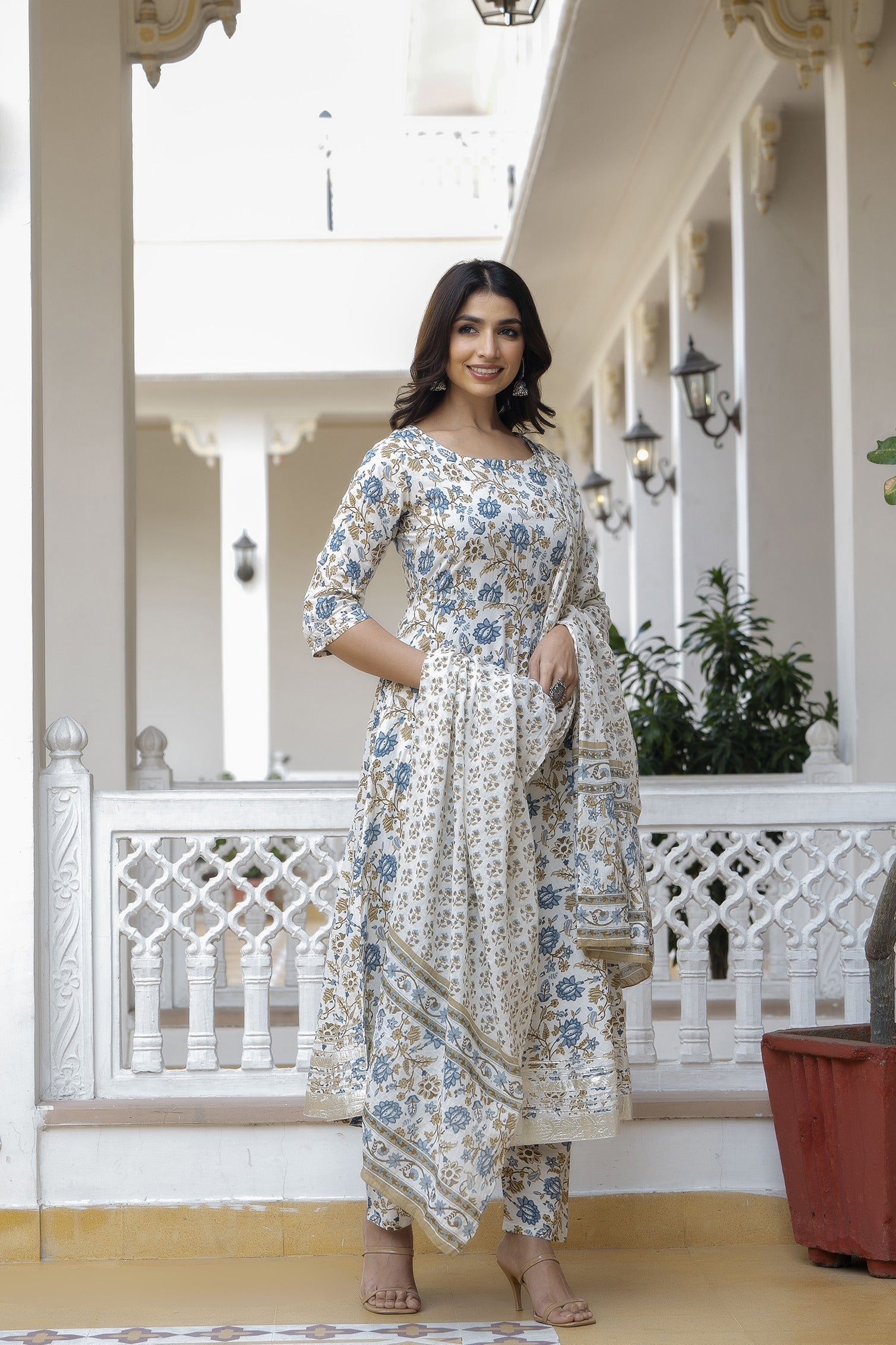 Women Off-White Floral Printed Flared Kurta With Trouser And Dupatta | LASVINI - Redefining Indian Fashion with Elegance