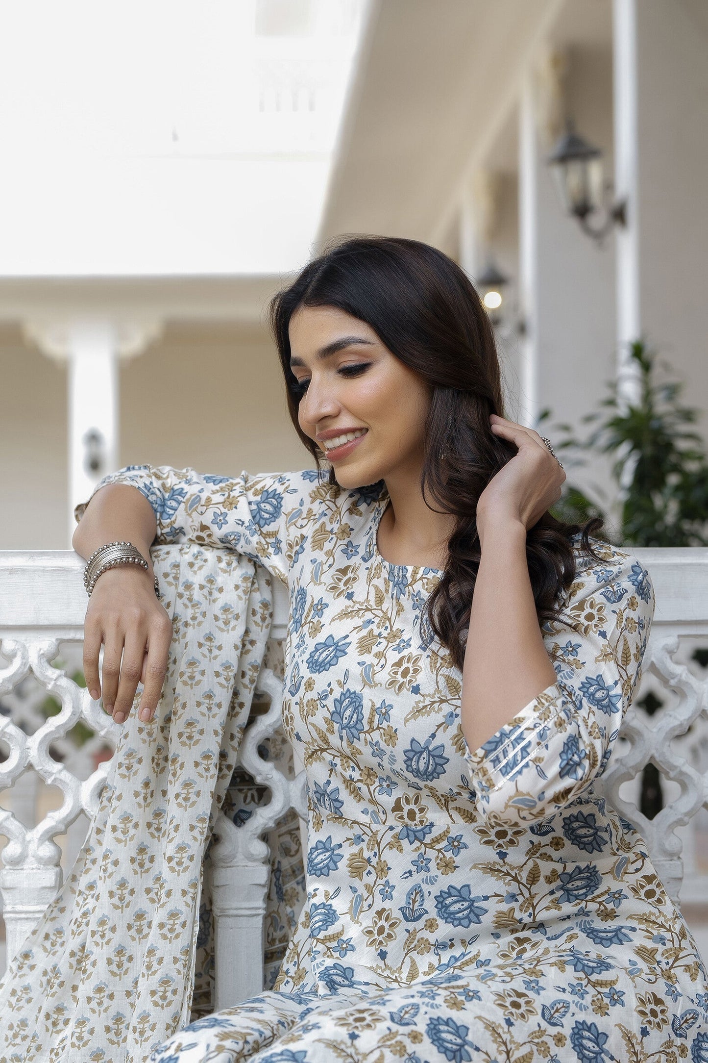 Women Off-White Floral Printed Flared Kurta With Trouser And Dupatta | LASVINI - Redefining Indian Fashion with Elegance