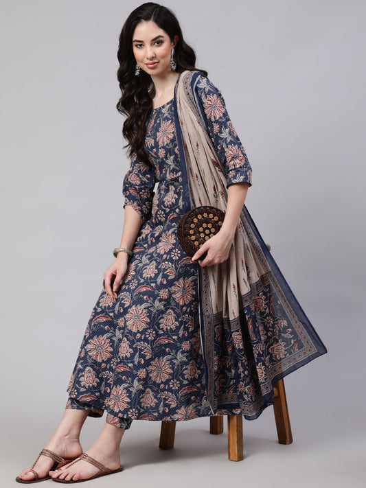 Women Blue Floral Printed Anarkali Kurta With Trouser And Dupatta | LASVINI - Redefining Indian Fashion with Elegance