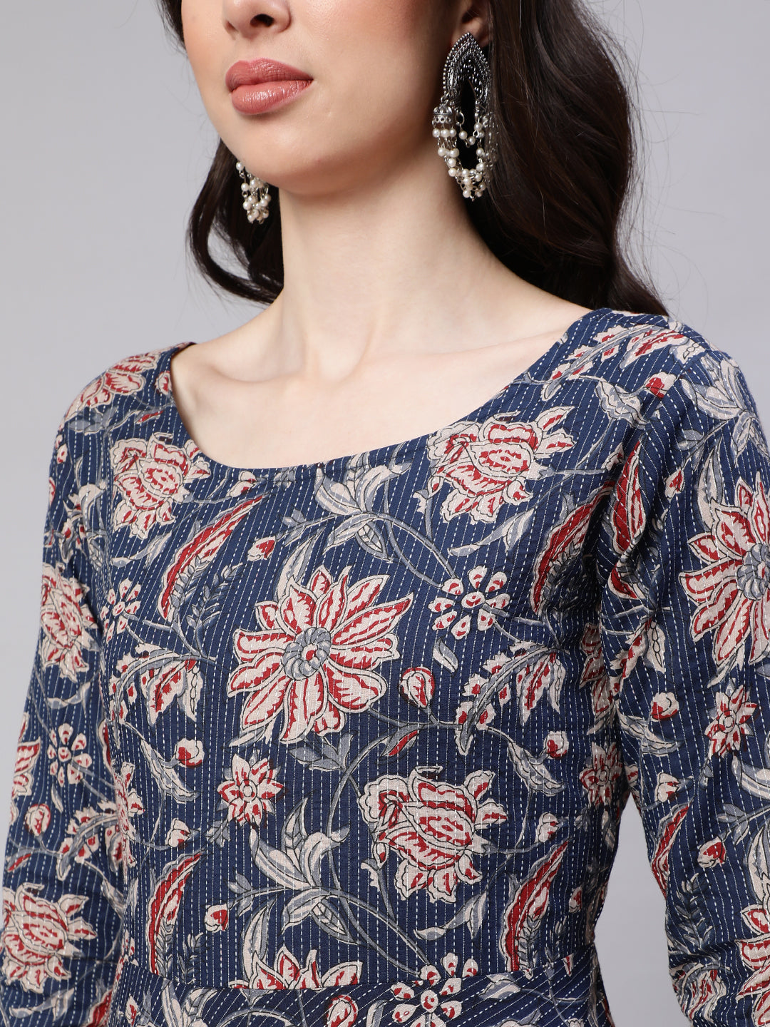 Women Blue Floral Printed Anarkali Kurta With Trouser And Dupatta | LASVINI - Redefining Indian Fashion with Elegance