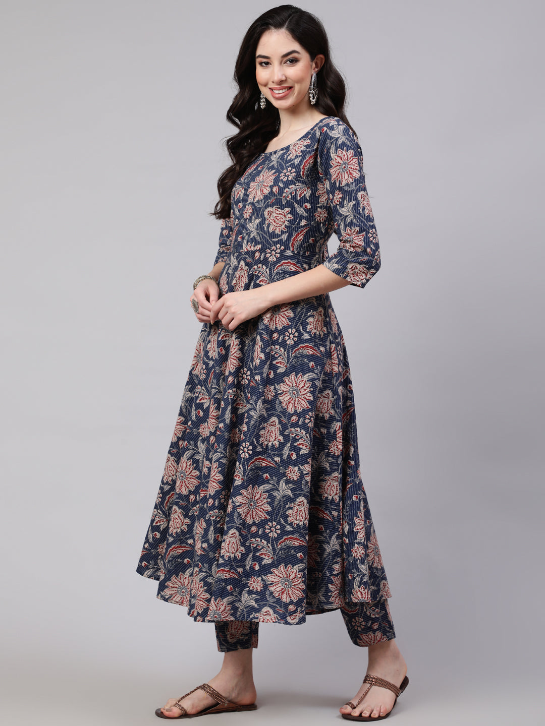Women Blue Floral Printed Anarkali Kurta With Trouser And Dupatta | LASVINI - Redefining Indian Fashion with Elegance