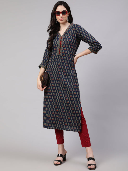 Women Blue Ethnic Printed Straight Kurta With Three Quarter Sleeves | LASVINI - Redefining Indian Fashion with Elegance