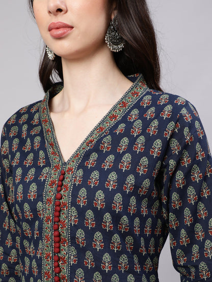Women Blue Ethnic Printed Straight Kurta With Three Quarter Sleeves | LASVINI - Redefining Indian Fashion with Elegance