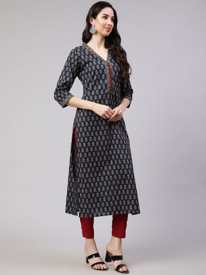 Women Blue Ethnic Printed Straight Kurta With Three Quarter Sleeves | LASVINI - Redefining Indian Fashion with Elegance
