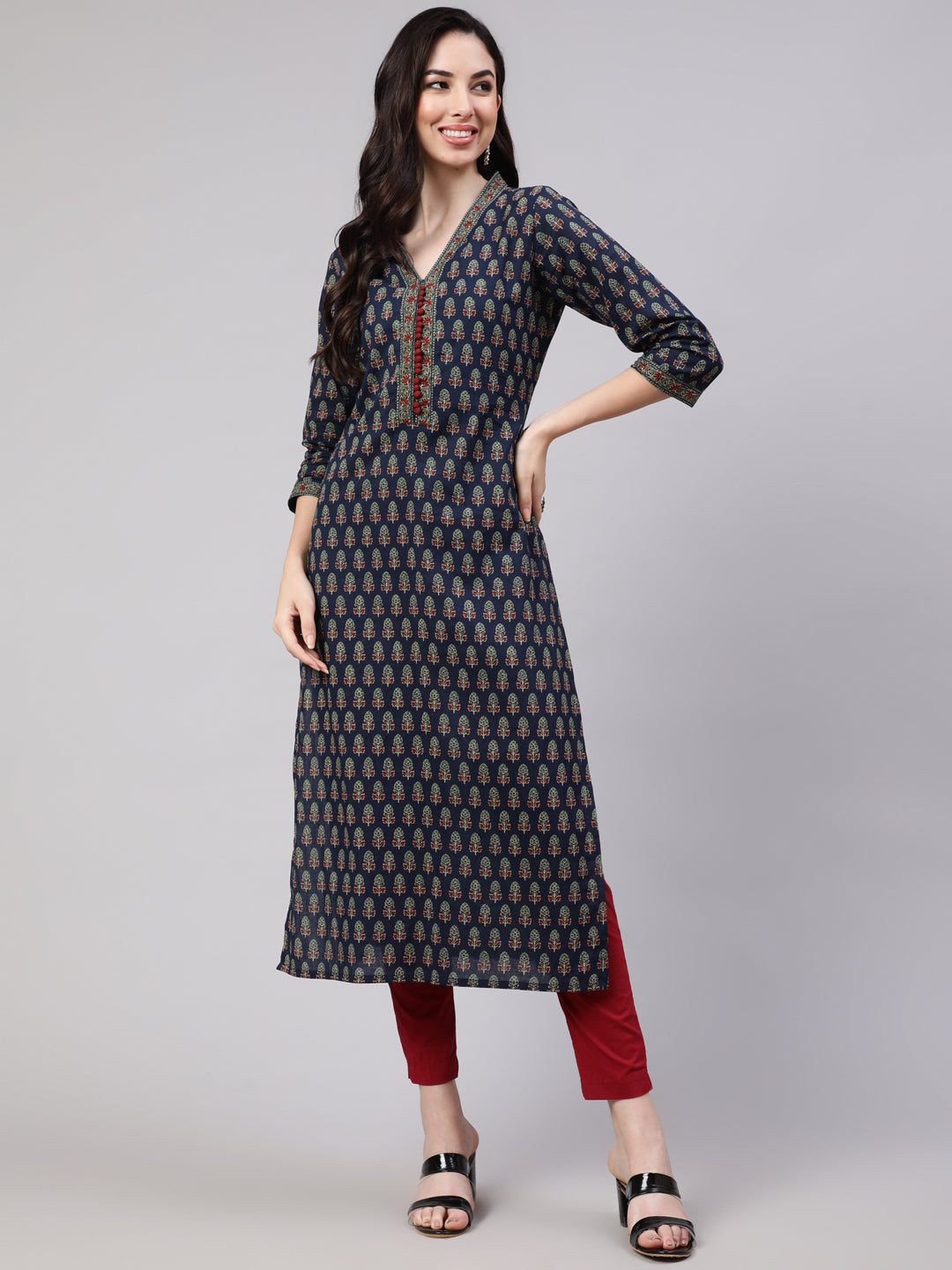 Women Blue Ethnic Printed Straight Kurta With Three Quarter Sleeves | LASVINI - Redefining Indian Fashion with Elegance
