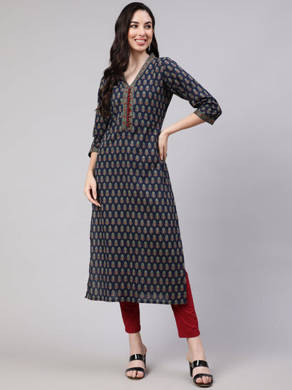 Women Blue Ethnic Printed Straight Kurta With Three Quarter Sleeves | LASVINI - Redefining Indian Fashion with Elegance