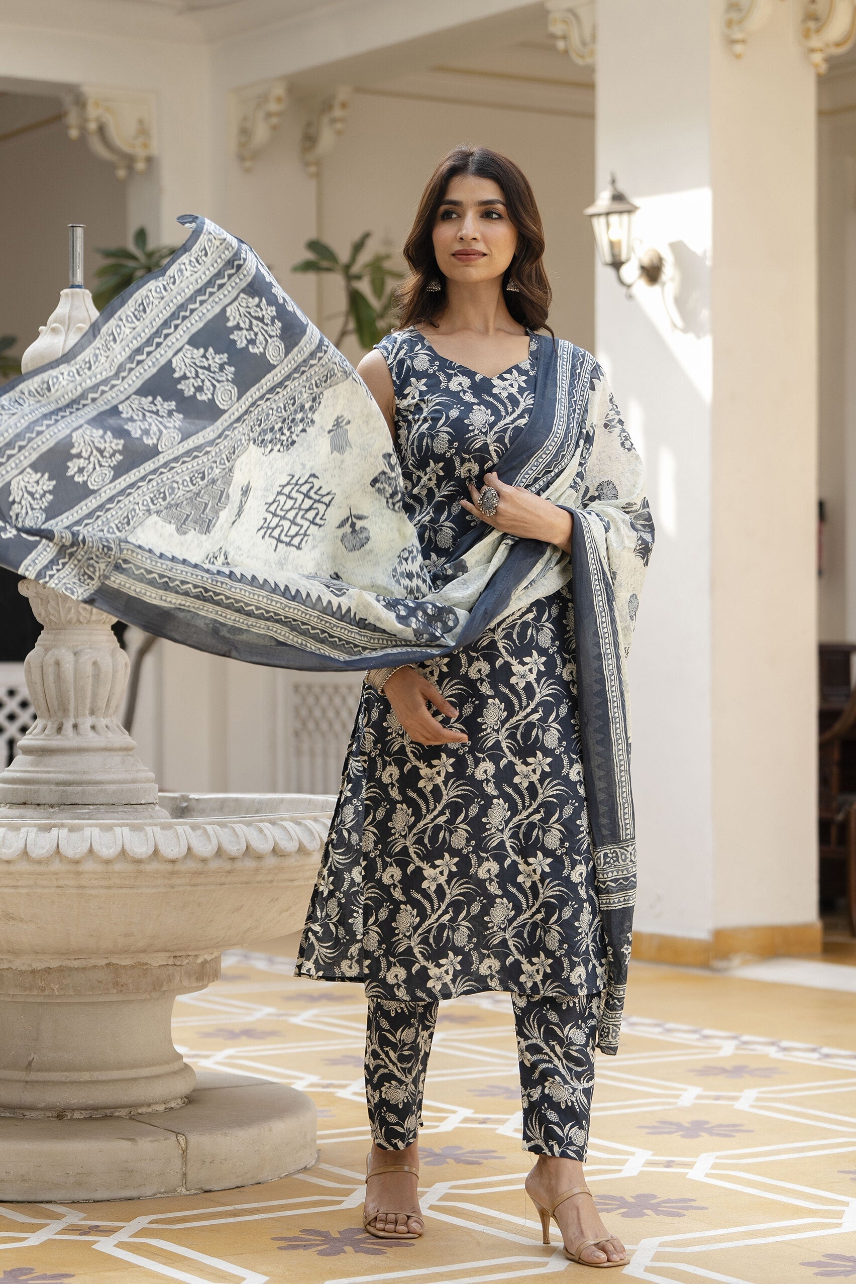 Women Grey Paisely Printed Straight Kurta With Trouser And Dupatta | LASVINI - Redefining Indian Fashion with Elegance